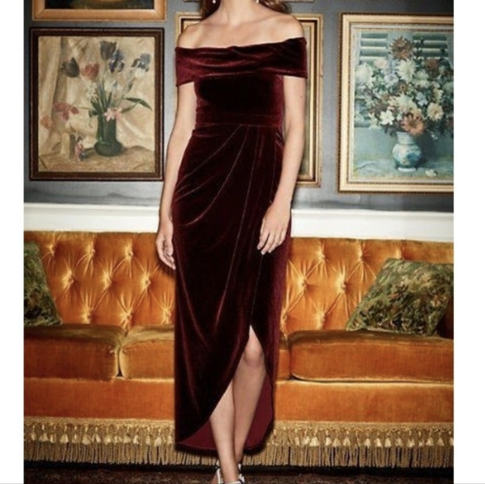 BHLDN Burgundy Off-Shoulder Velvet Midi Dress